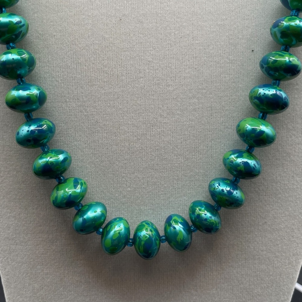 Vintage Green Classic Fashion Bezel Glass Chrysocolla Beaded Statement Necklace - Picture 6 of 10